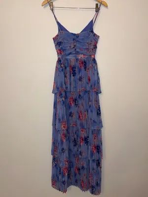 NWOT Pleated Floral Tiered Maxi Dress with Cutouts & 3D Flower Straps thumbnail 5