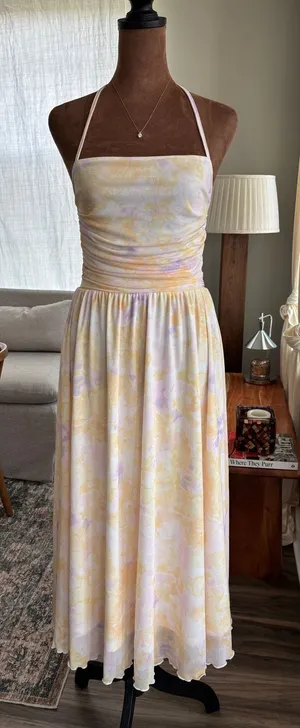 Pastel Watercolor Floral Mesh Halter Midi Dress Ruched Summer Girly Whimsy Small thumbnail 1