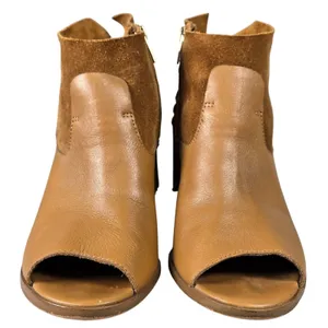 Marc Fisher Tan Leather Suede Fringe Peep Toe Ankle Boots Brown‎ Wood Heel 9 thumbnail 5