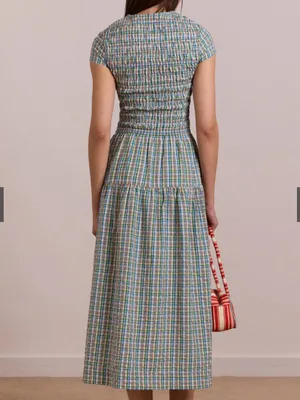 DAMSON MADDER NWT Ebba Smocked Midi Dress in Picnic Blue Check Cottagecore US 2 thumbnail 3
