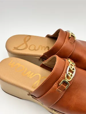 Sam Edelman Tan Leather Clog Mules with Gold Chain Accent Size 7.5 thumbnail 2