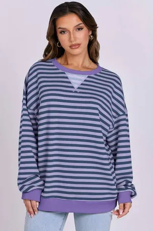 ANRABESS Striped Oversized Purple Blue Long Sleeve Sweatshirt Large thumbnail 1