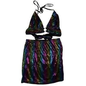 Holographic halter top mini skirt rainbow colored shiny Womens Xs rave set dress thumbnail 3