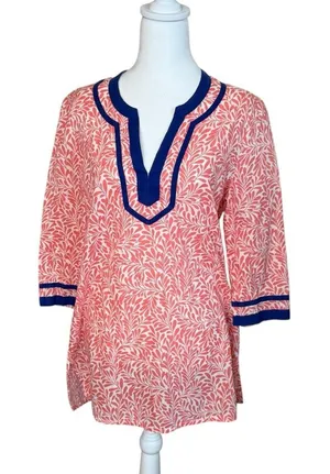 J. Crew Coral Navy Floral Crepe 100% Cotton V-neck 3/4 Sleeve Tunic‎ Medium EUC thumbnail 1