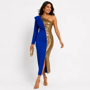 Womens One Shoulder Sequin Midi Dress Size XS Blue Gold Wedding Party Evening thumbnail 2