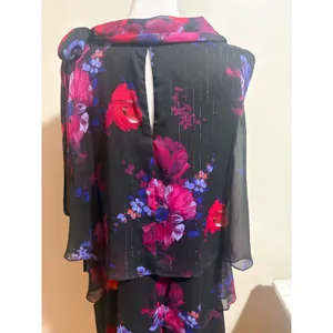 SLNY Tiered Chiffon Dress 16 Black Floral New Tie Cowl Neck Ruffle Shimmer thumbnail 10