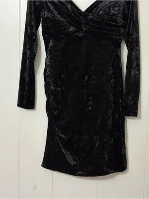 Sherri Hill Black Crushed Velvet Off Shoulder Mini Dress 6 Long Sleeve Cocktail thumbnail 5