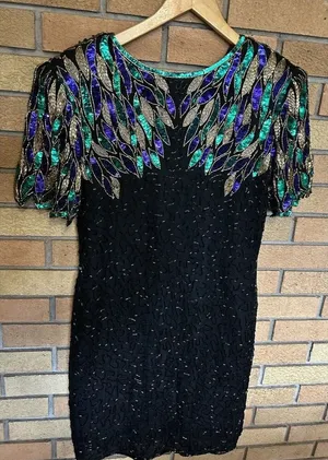 VTG 80s Stenay Women Black Silk Sequin Bead Cocktail Party Dress Sz 10 P Evening thumbnail 1