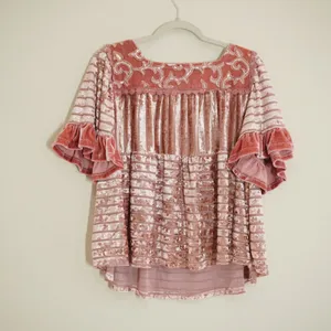 POL Size Small Pink Velvet Burnout Shirt Blouse Sequin Embroidered Ruffle Boho thumbnail 7