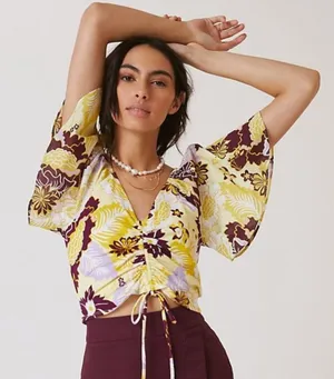 Anthropologie Maeve Cinched Yellow Floral Flutter Sleeve Tie Top‎ Blouse thumbnail 1