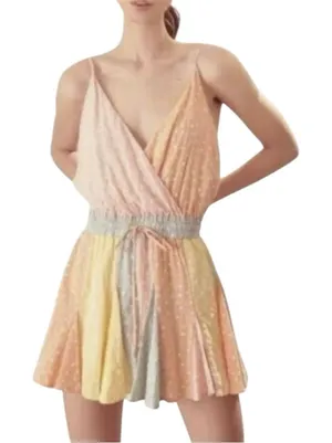 Storia Star Patchwork Polka Dot Tie Waist Romper Orange Yellow Grey‎ Size Medium thumbnail 1