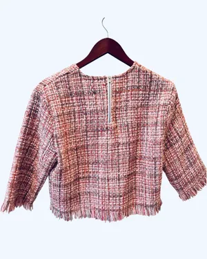 Zara Pink Tweed Top Blouse Zip Back Plaid Fringe Preppy M White Gray Cropped thumbnail 5