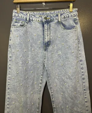 Jeans Womens M Blue Acid Wash High Rise Pearl Beaded Straight Denim Pants thumbnail 1