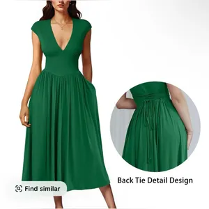 OYS Women's Deep V Neck Cap Sleeve Pleated Swing A Line Midi Dress thumbnail 2