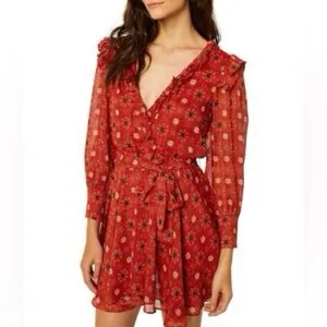 Misa Red ‘Veruka’ Long Sleeve Ruffle Mini Dress in Floral “Maravi Dots”, Size XS thumbnail 6