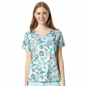 Vera Bradley Women's Scrub Top Laos Lily Blue Print V-Neck Floral‎ Size S thumbnail 2