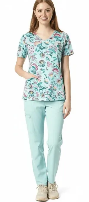 Vera Bradley Women's Scrub Top Laos Lily Blue Print V-Neck Floral‎ Size S thumbnail 1