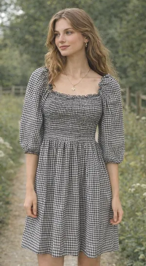 Mango Black White Gingham Smocked Puff Sleeve Mini‎ Dress Size 2 Cotton EUC thumbnail 1