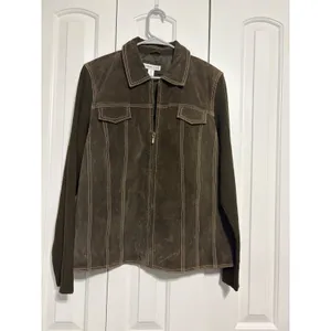Coldwater Creek Jacket Mixed Media Suede Knit Brown Contrast Stitch Size 16 thumbnail 2