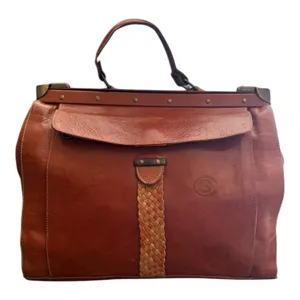 Vintage Brown Leather Frame Satchel Doctor Bag Braided Work Tote Shoulder Bag thumbnail 1