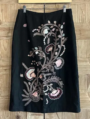 Richard Malcolm Womens Black Midi Embroidered Linen Skirt Size 10 Bohochic thumbnail 1