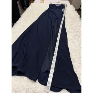 La Femme One Shoulder Sheer Rhinestone Formal Maxi Dress in Navy Blue Size 0 thumbnail 6