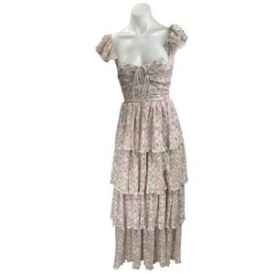 ASTR The Label Emmeline Pink Green Cutout Ruffle Floral Tiered Maxi Dress Sz XS thumbnail 2