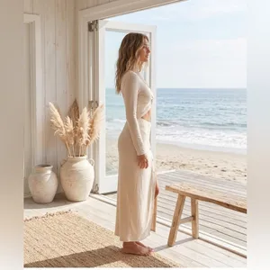 SHEIN Boho Coastal Cream Ribbed Knit Cut-Out Maxi Dress Twist Front Long Sleeve thumbnail 2