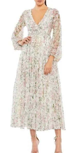 Mac Duggal 93788 Floral Beaded Sequin Midi Dress White Multi Size 16 thumbnail 1