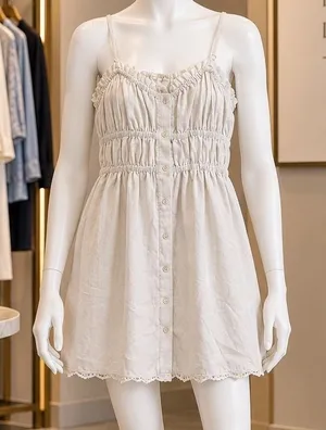 SHEIN Women Dress White Smocked Lace Trim Button Front Size Medium thumbnail 1