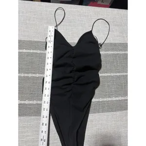Zara Black Ruched Spaghetti Strap High‎ Cut Bodysuit Sleeveless V-Neck Top thumbnail 2