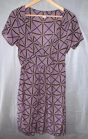 J. Crew Dress Sz 6 Purple Brown‎ Geometric Print 100% Silk Luxury Polka Dot Midi thumbnail 1
