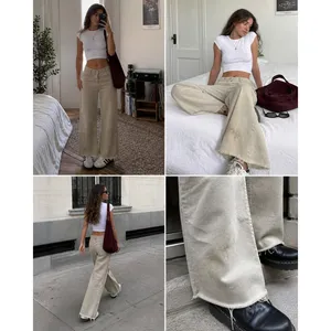 Zara High Waisted Wide Leg Pants Womens US 4 Beige Sand Raw‎ Hem Cropped thumbnail 3