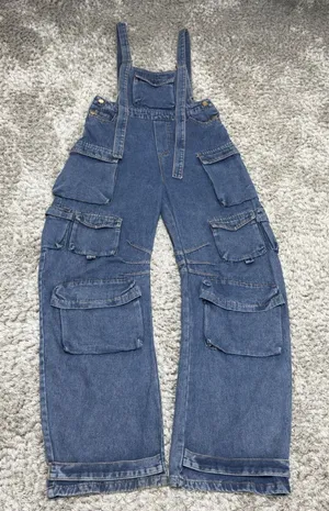 N.1LA Women’s Barrel Leg Denim Overalls Size M Y2K Cargo Jeans Multi Pocket thumbnail 1
