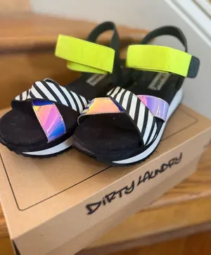 Dirty Laundry Neon Yellow, Black & White Striped Iridescent Wedge Sandals thumbnail 1