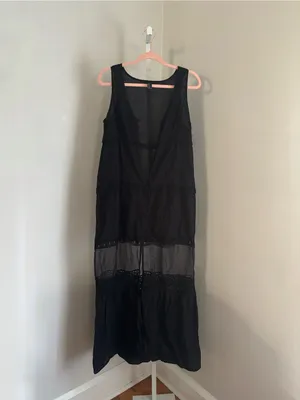 Crochet-Trim Tiered Black Maxi Dress Sheer Panel Boho Cottage Whimsigoth Sz Med thumbnail 2