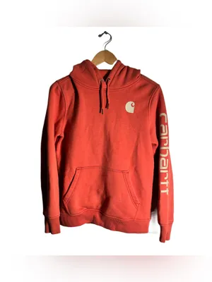 Carhartt Relaxed Fit Hooded Sweatshirt Women's Small Coral Logo Casual Cozy thumbnail 2