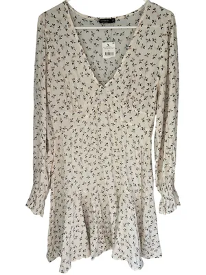 Cotton On Floral Pepa V-Neck Long Sleeve Mini Dress Ditsy Pink Sand Small thumbnail 3