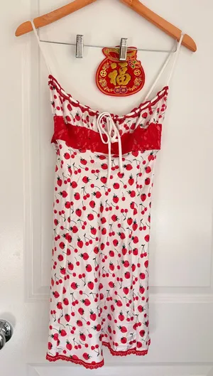 Frankie's Bikinis x Pink‎ Sailor RARE Satin Strawberry Dress Med Spring Summer thumbnail 1