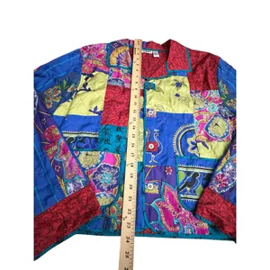 Vintage 100% Silk Patchwork Chicos Jacket Large (2) Pockets‎ Boho Rainbow #A4-1 thumbnail 6