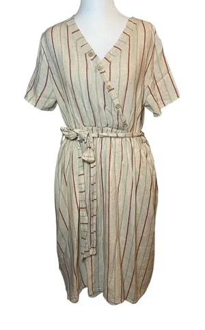 Lake Flower Striped Midi Dress Casual Button Front with Belt Size‎ L Linen Blend thumbnail 1