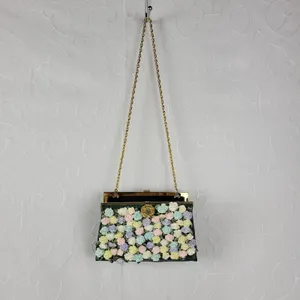 Andé Womens Clutch Bag Green Croc Embossed Pastel Floral Applique Gold Chain thumbnail 3