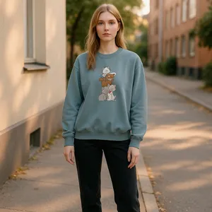 Morning‎ Sun Crewneck Sweatshirt with Ribbed Trim Cat Appliqué Granny Womens L thumbnail 2