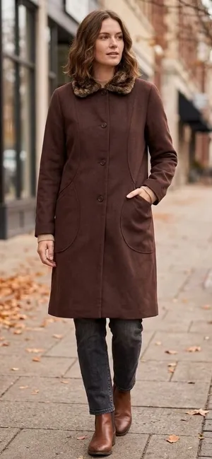 1980s Estuary Lenka K Brown Wool Blend Faux Fur Collar Longline Button Coat thumbnail 1