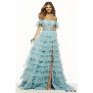 NWT‎ Sherri Hill 56074 Aqua Print Ruffle Corset Slit Gown Size 0 thumbnail 3