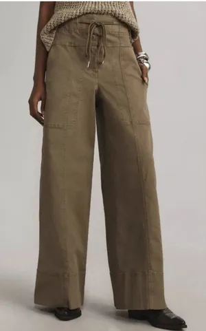 Anthropologie Maeve Utility High Rise Wide Leg Tailored Trousers Olive Green XS thumbnail 1