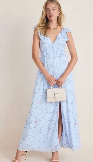 Francesca's Collections Kadence Bow Back Light Blue Floral Ruffle Maxi Dress thumbnail 1