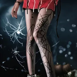 1 Pair of Women's Gothic Punk Spider Web Black Tights‎ thumbnail 2