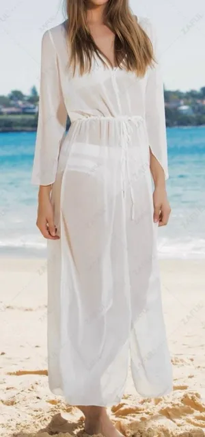 Sheer Long Cardigan Swim Cover White thumbnail 1