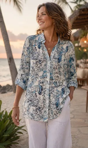 Tahari Womens 100% Linen Shirt Tropical Bird Print Button Up Coastal Resort thumbnail 1
